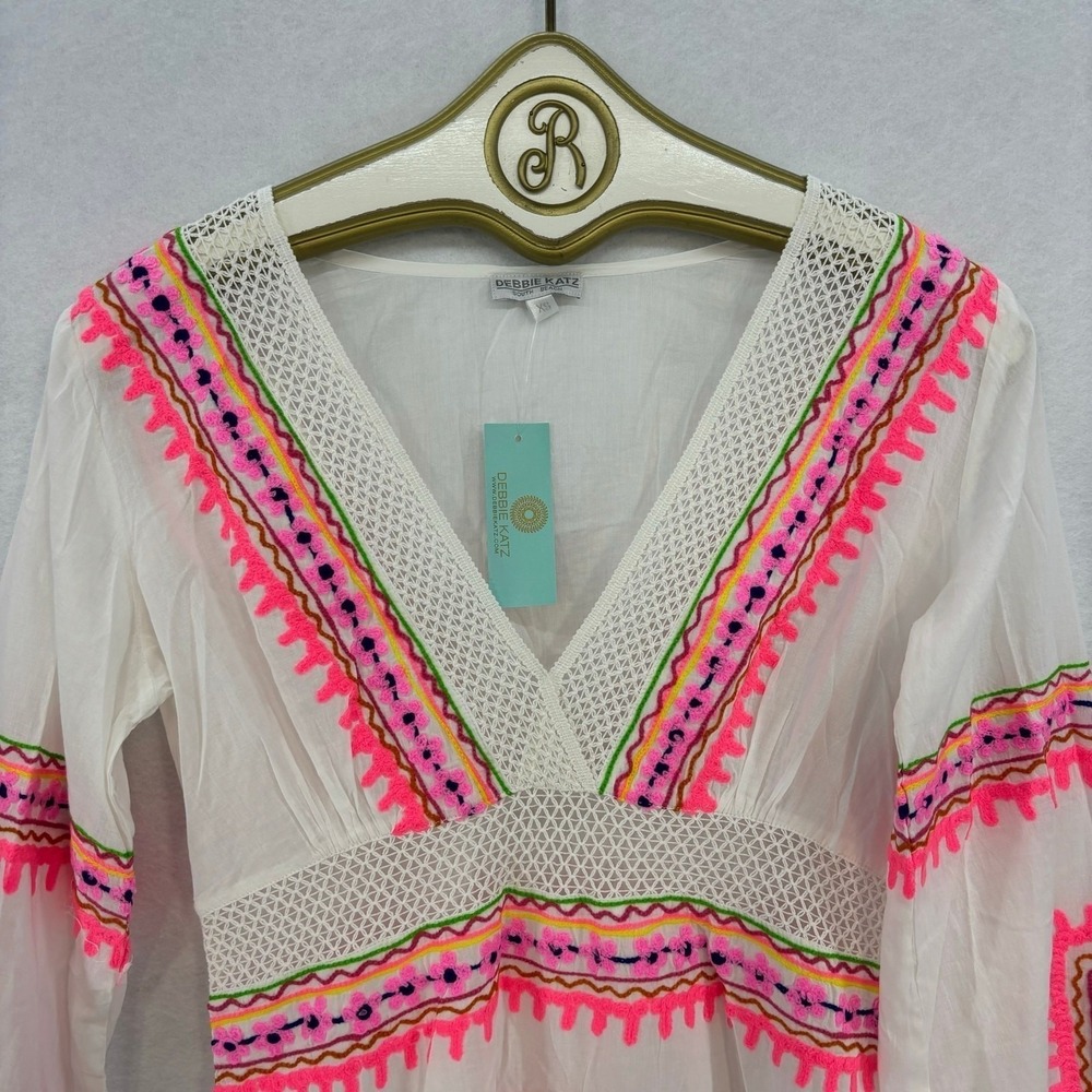 Debbie Katz Cover Up Mini Dress XS White Pink Summer Boho Beach Vacation - Picture 4 of 14